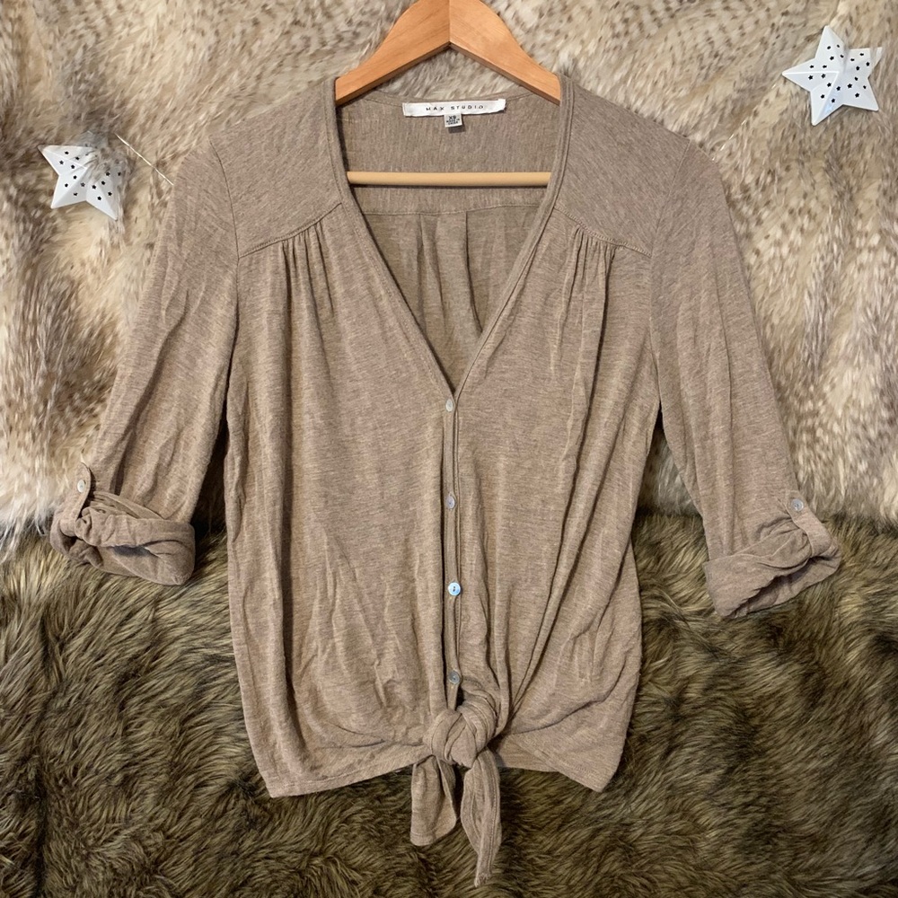 Max Studio Tie Front Button Down Top - Picture 2 of 5